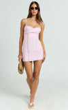 Gigi Mini Linen Blend Dress Sweetheart Tie Back Scallop Detail Dress in Pink
