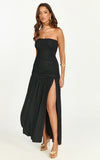 Marguerite Maxi Dress Strapless Ruched Mesh High Leg Split Dress in Black