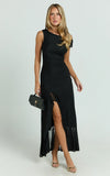 Judee Midi Dress One Shoulder High Side Split Dress in Black
