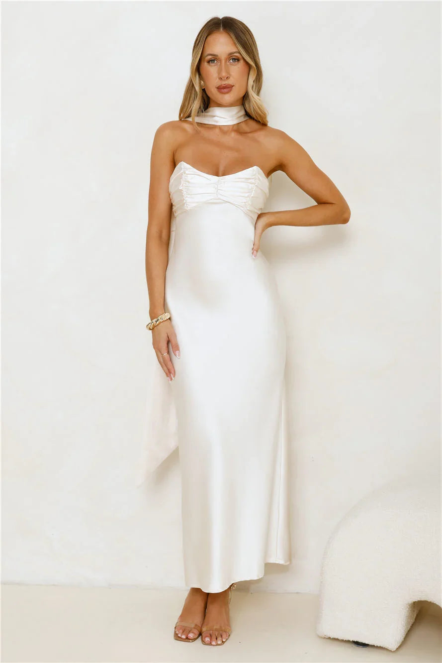 Be Noticed Strapless Satin Maxi Dress Champagne