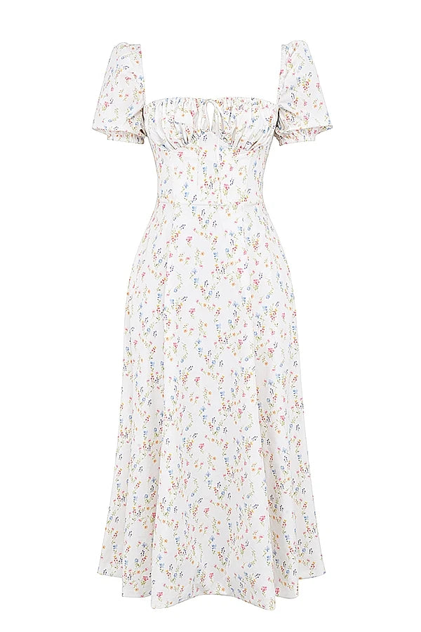 white posy print cotton puff sleeve midi sundress