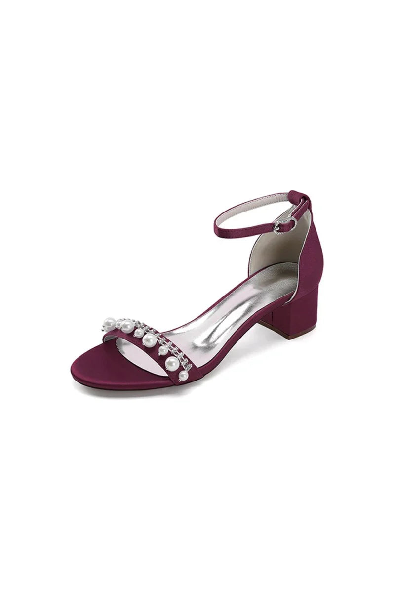 Open Toe Pearl Buckle Strap Chunky Heels