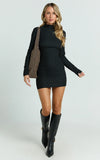 Ruby Mini Dress High Neck Long Sleeve Dress in Black