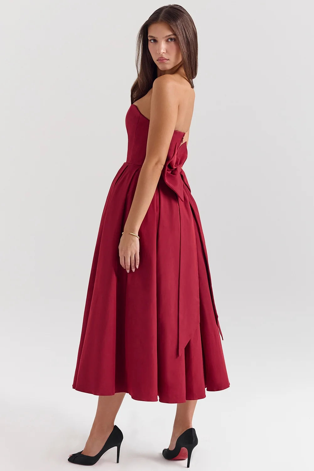 berry strapless detachable bow midi dress