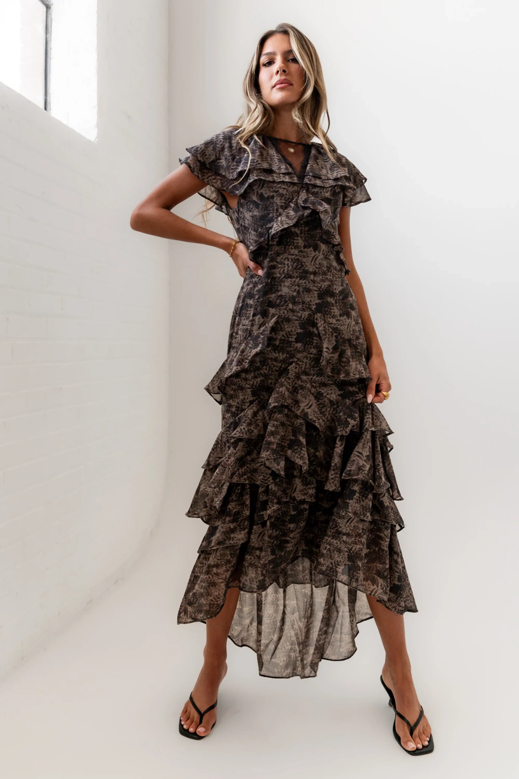 James Ruffle Maxi Dress in Grey