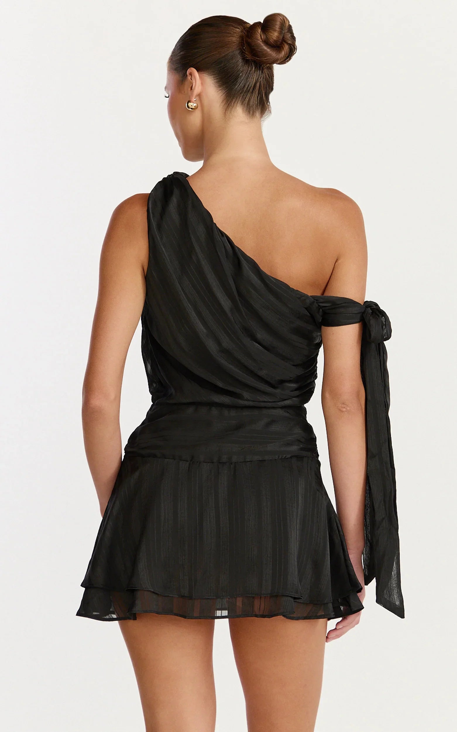 Giselle Mini Dress Asymmetrical One Shoulder Tie Detail Dress in Black