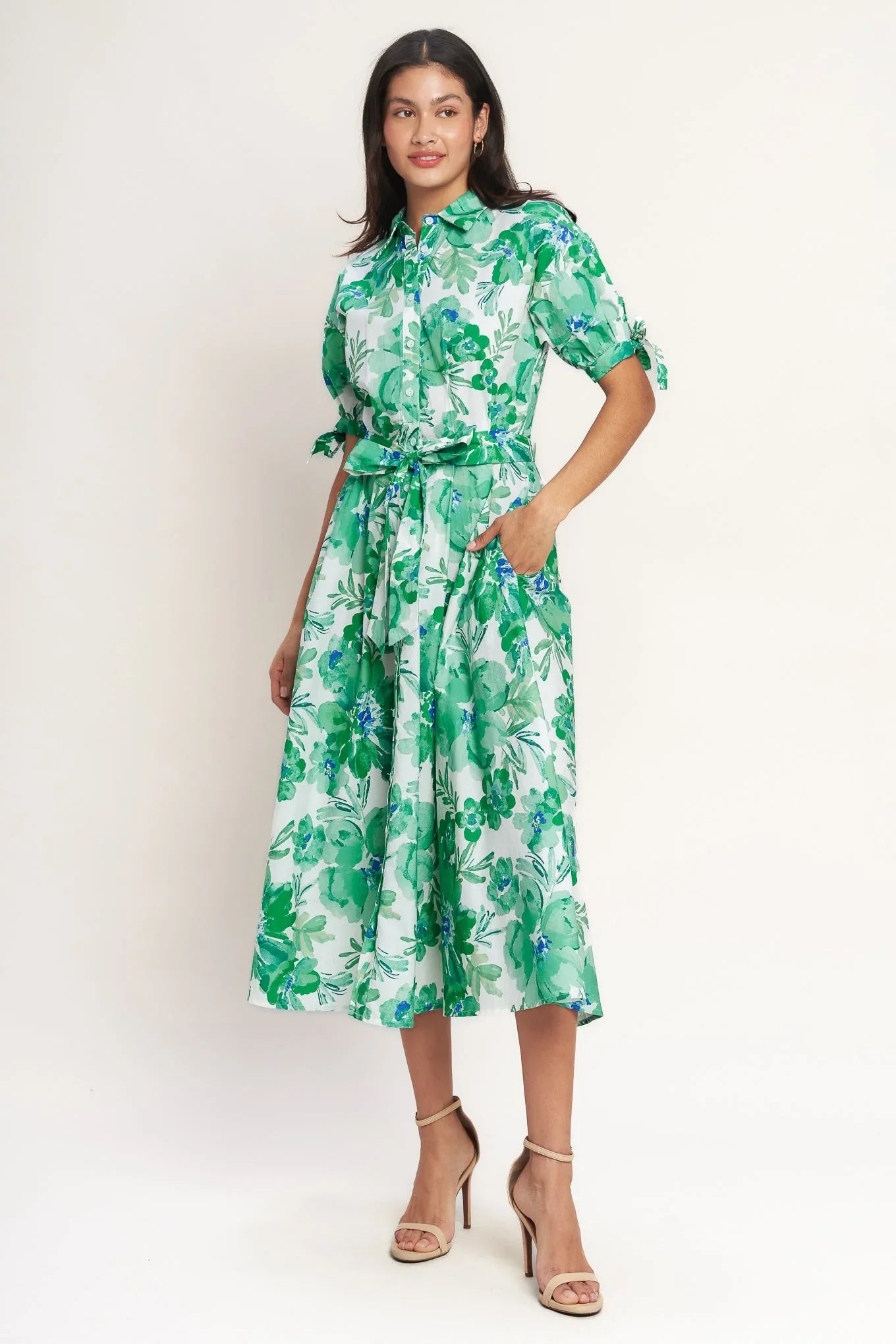 SIMPLY IN BLOOM GREEN FLORAL MIDI SHIRT DRESS