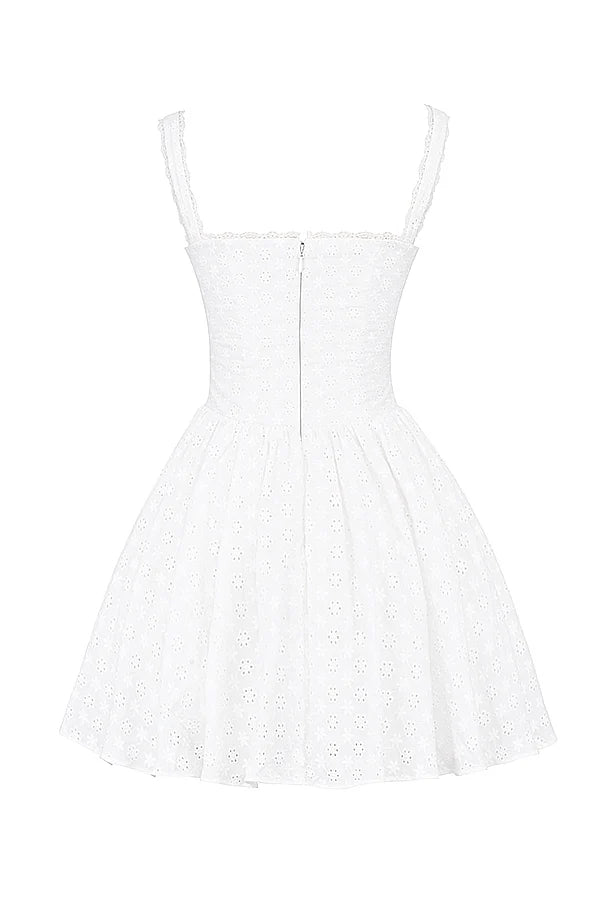 white cotton broderie anglais corset mini dress