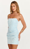 Rachel Mini Dress Strapless Corset Bodice Draped Skirt Dress in Ice Blue