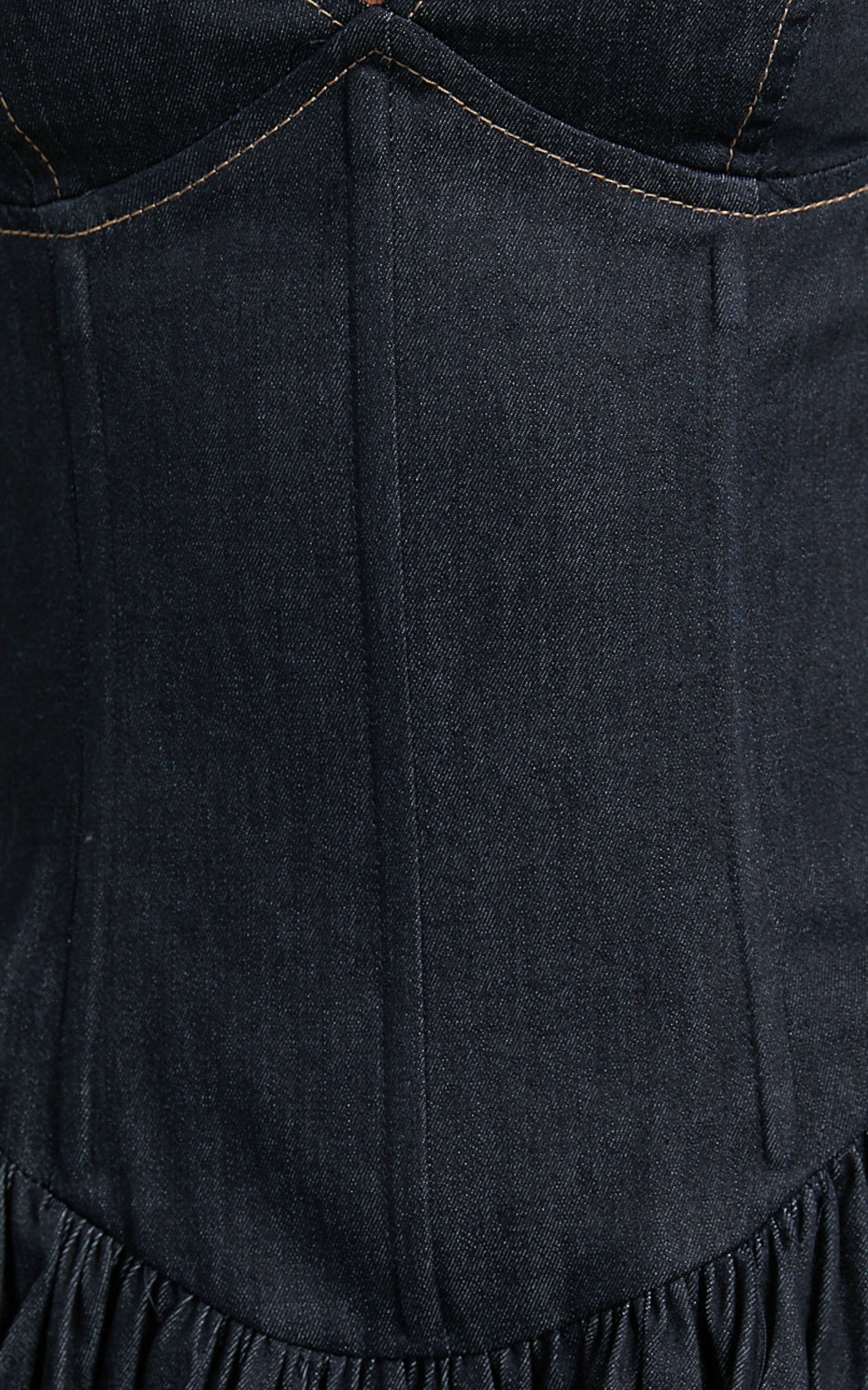 Betchie Mini Dress Neck Strappy Drop Waist Gathered Skirt Denim Dress in Dark Raw Denim