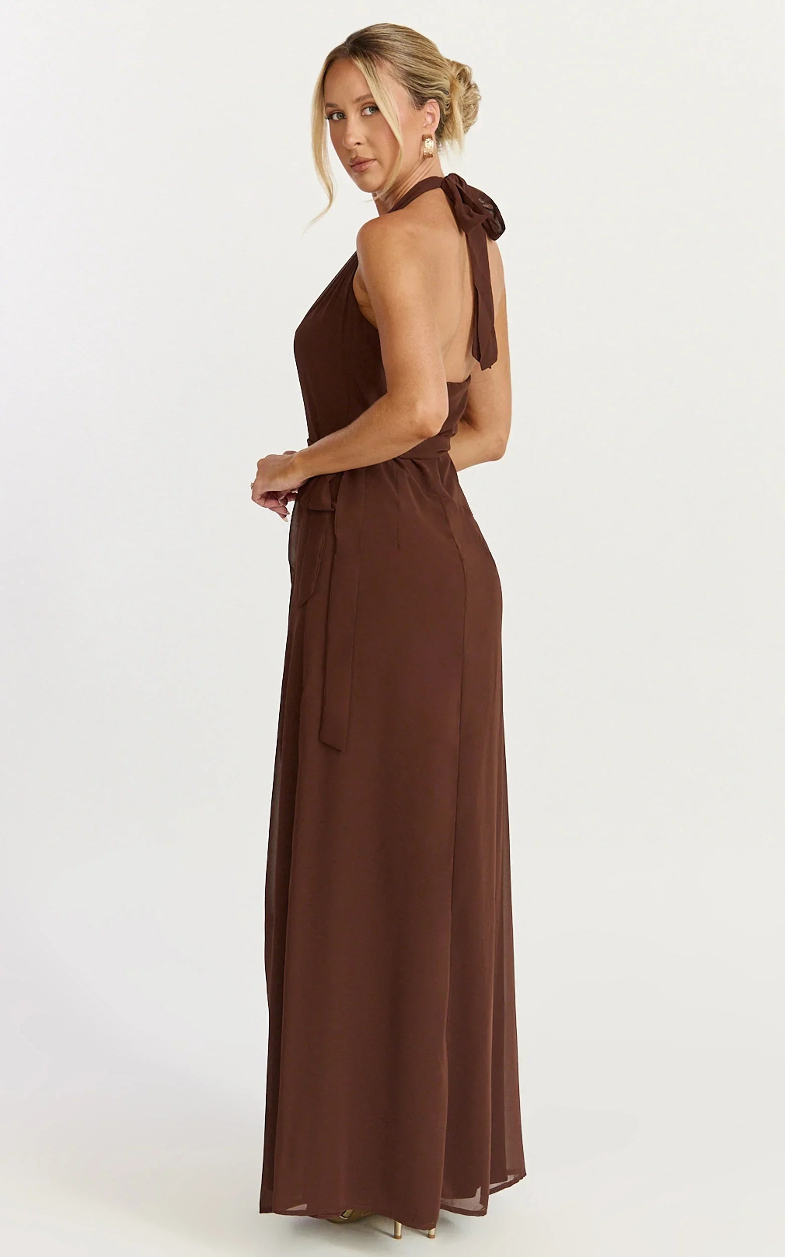 Eva Maxi Dress Plunge Halter Wrap Dress in Chocolate