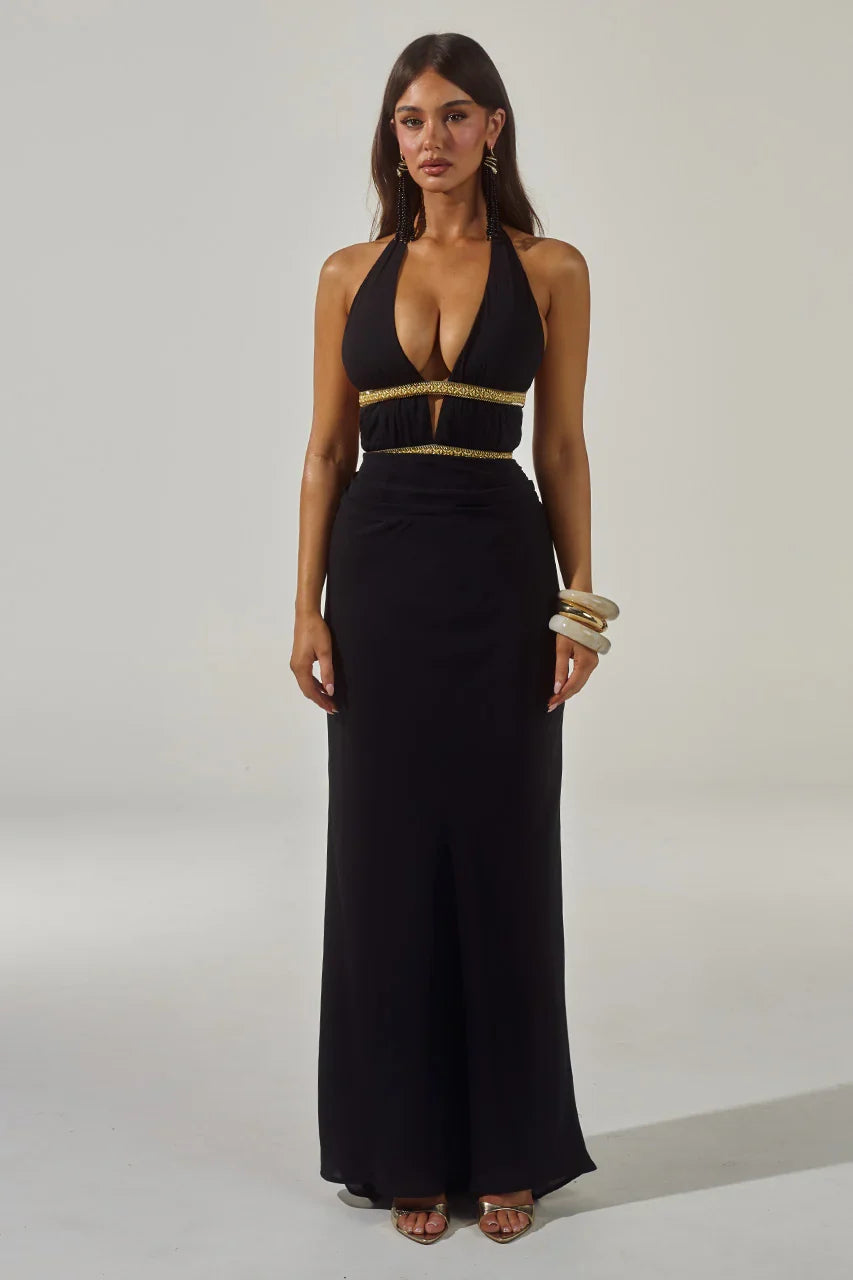 XYLIA HALTER LOW PLUNGE MAXI DRESS BLACK