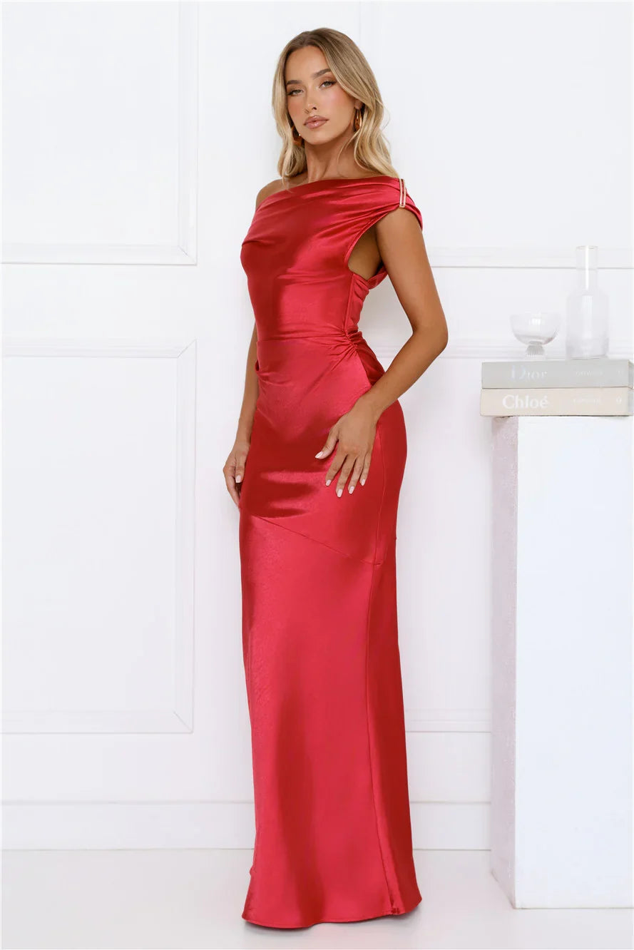 Shes A Dream Satin Off Shoulder Maxi Dress Red