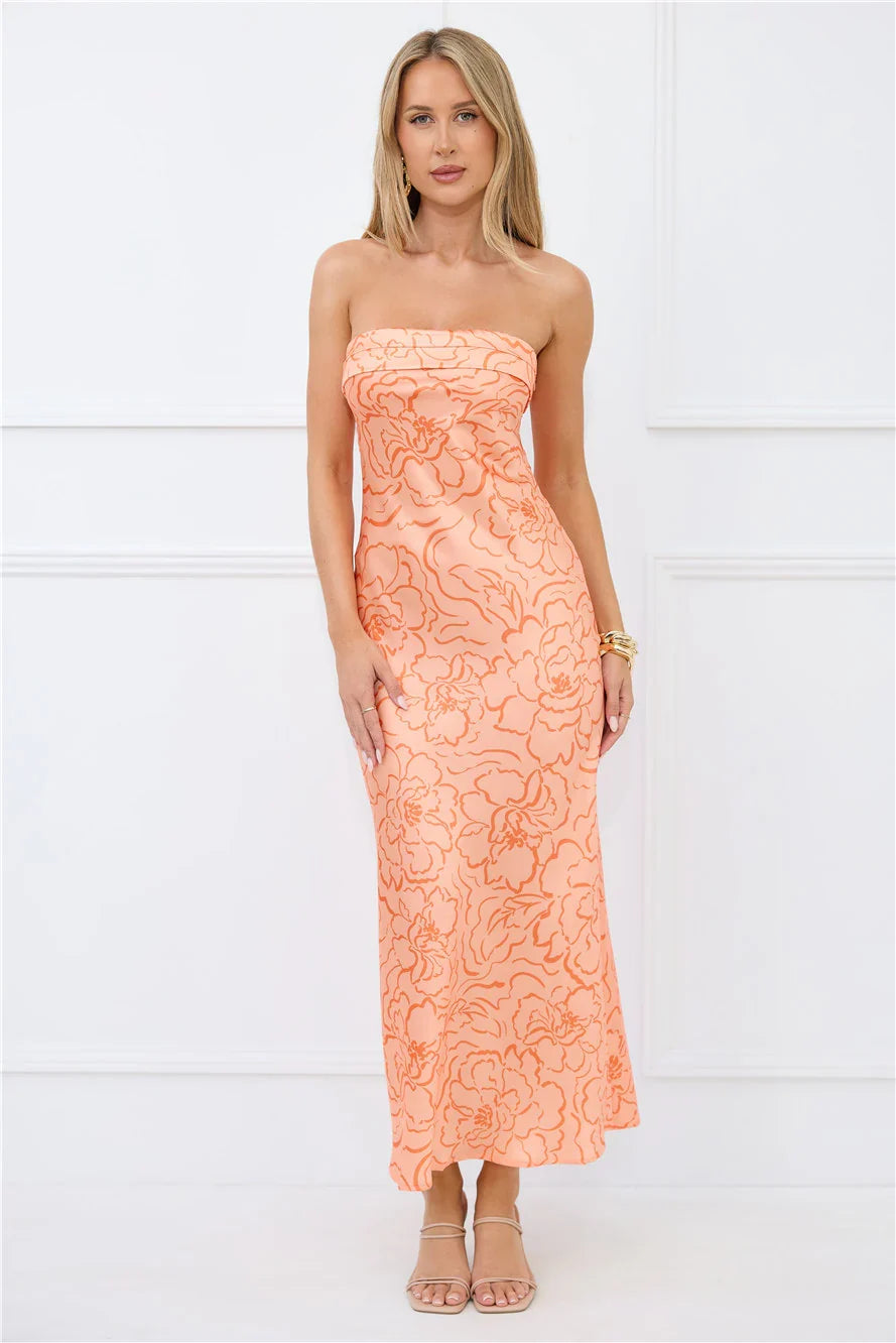 Sunburst Sparkle Strapless Satin Maxi Dress Orange