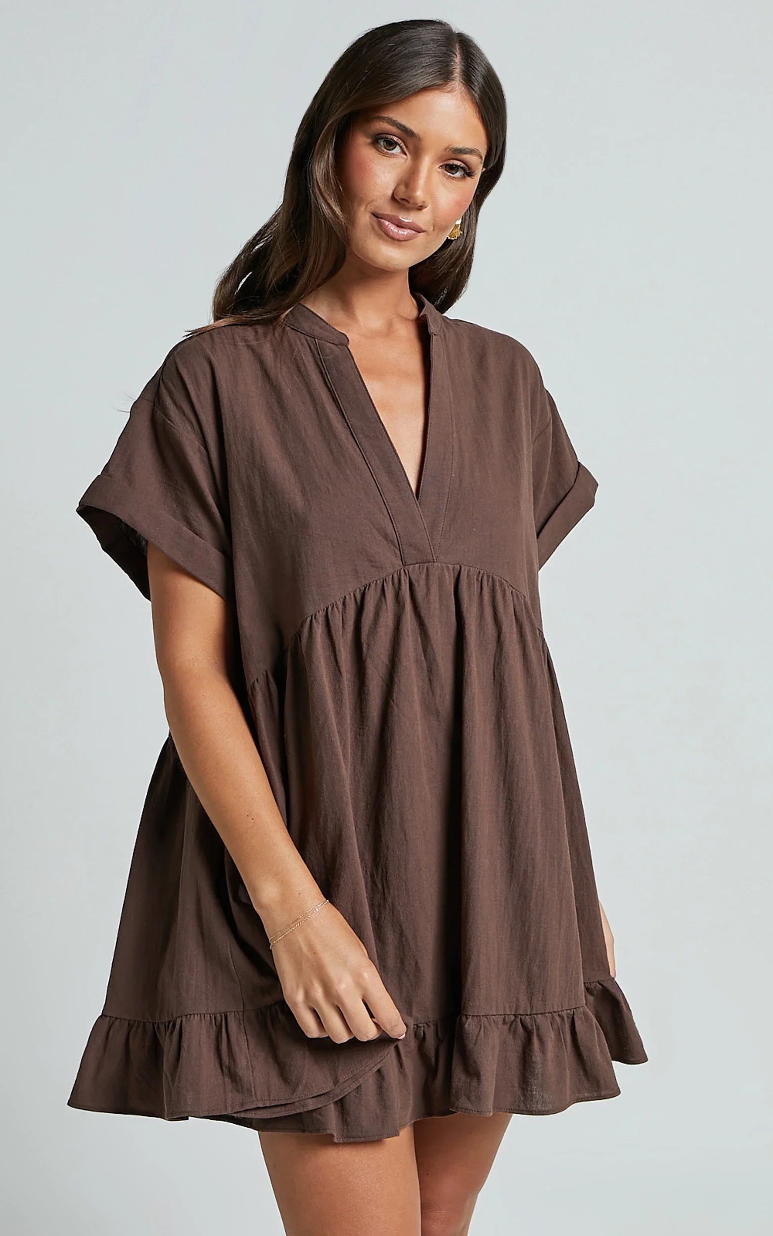 Calissa Mini Dress Frill Hem Smock Dress in Chocolate