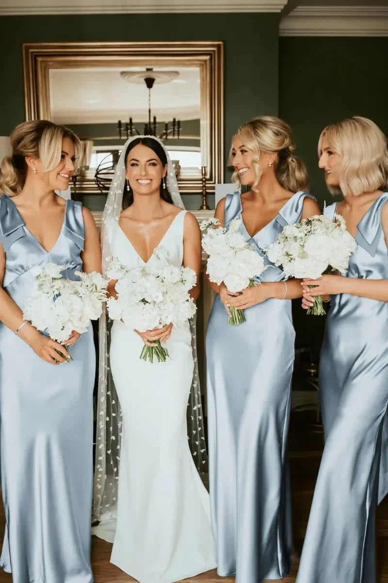 Sheath V Neck Sage Green Silk Satin Bridesmaid Dress with Bow