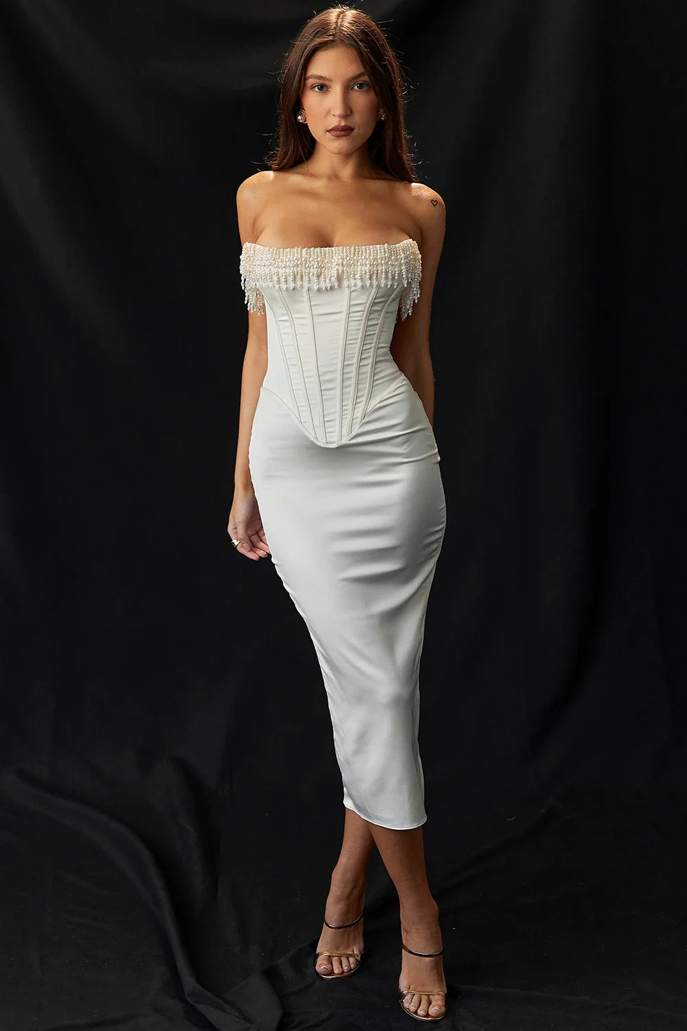 vintage cream embellished strapless dress