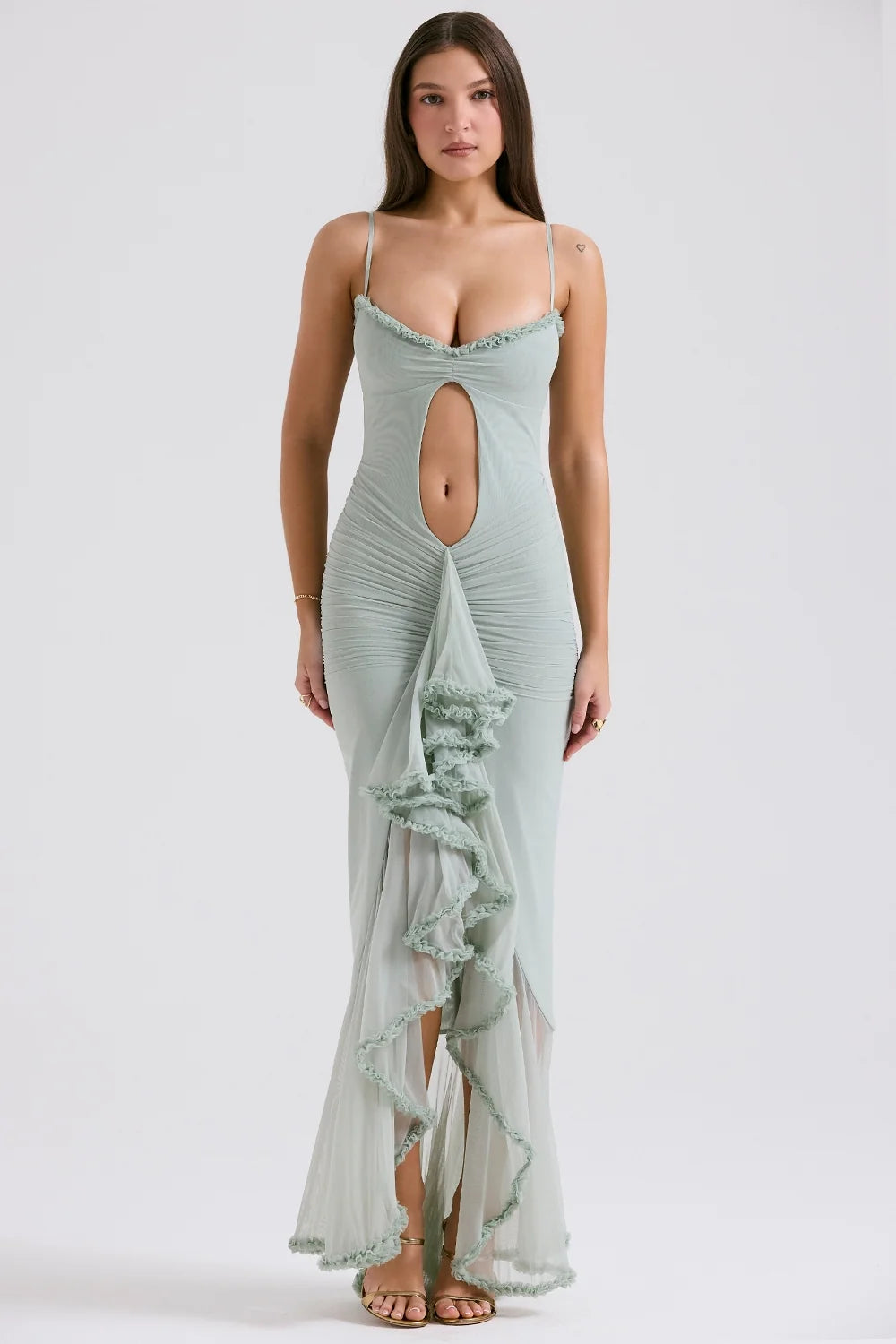 pistachio ruffled front gown