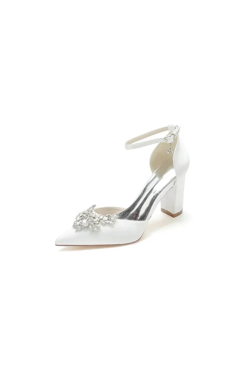 Rhinestone Pointed Toe Ankle Strap Satin Chunky Heel