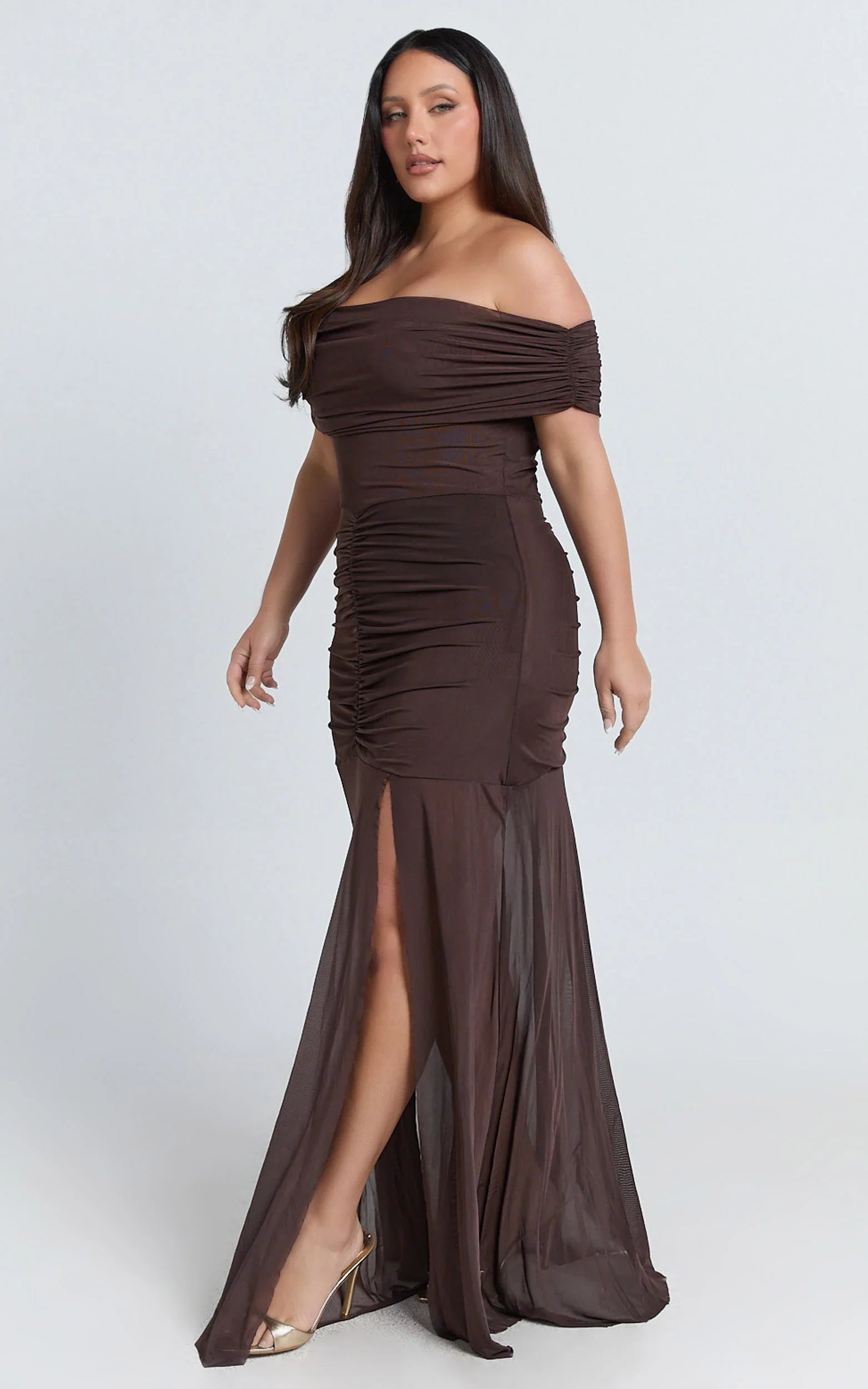 Alanna Maxi Dress Off Shoulder Ruched Mesh Dress in Chocolate
