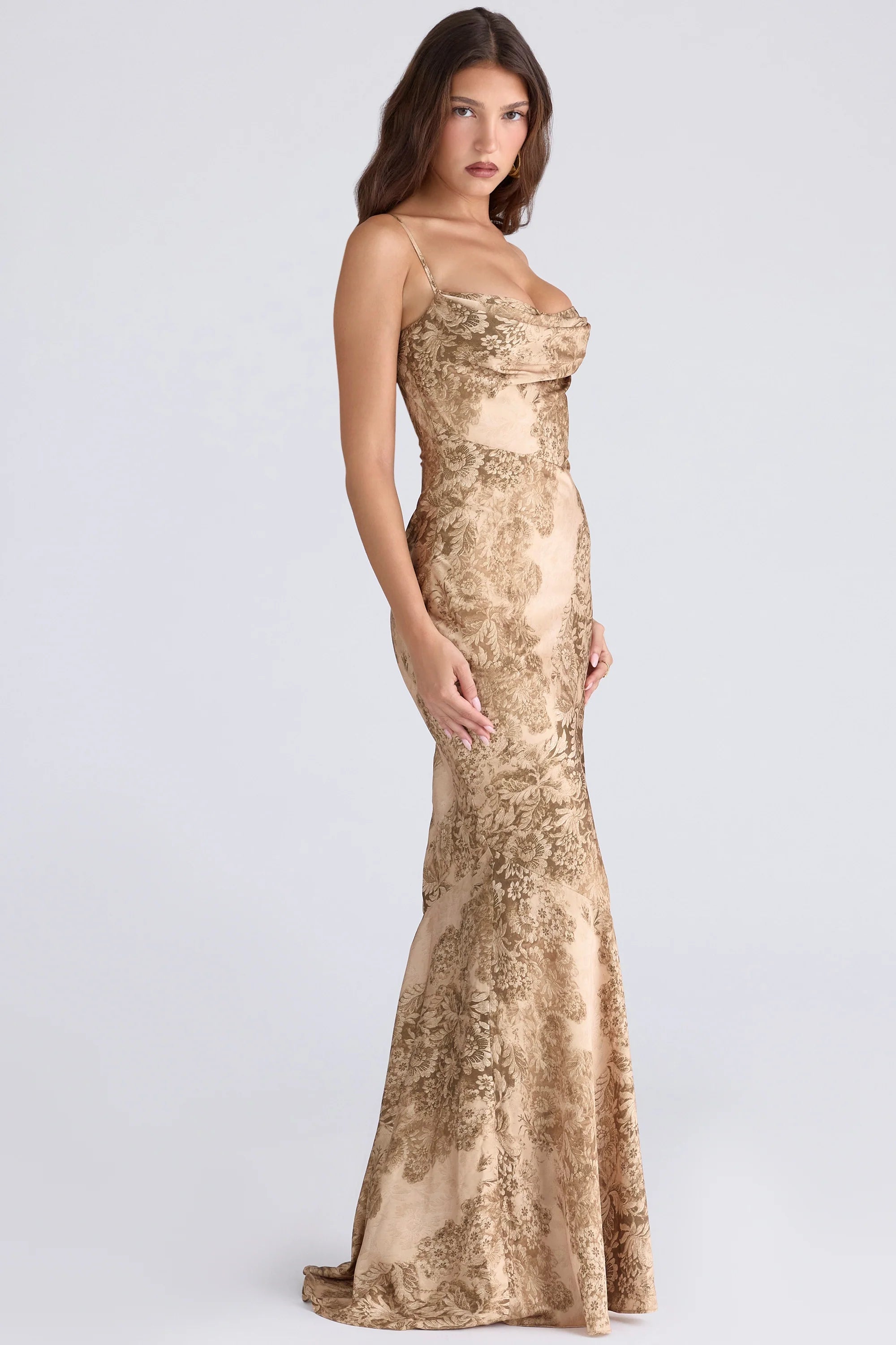 gold patterned satin maxi dress limited edition