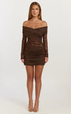 Juliet Mini Dress Off Shoulder Lace Contrast Bodycon Dress in Choc