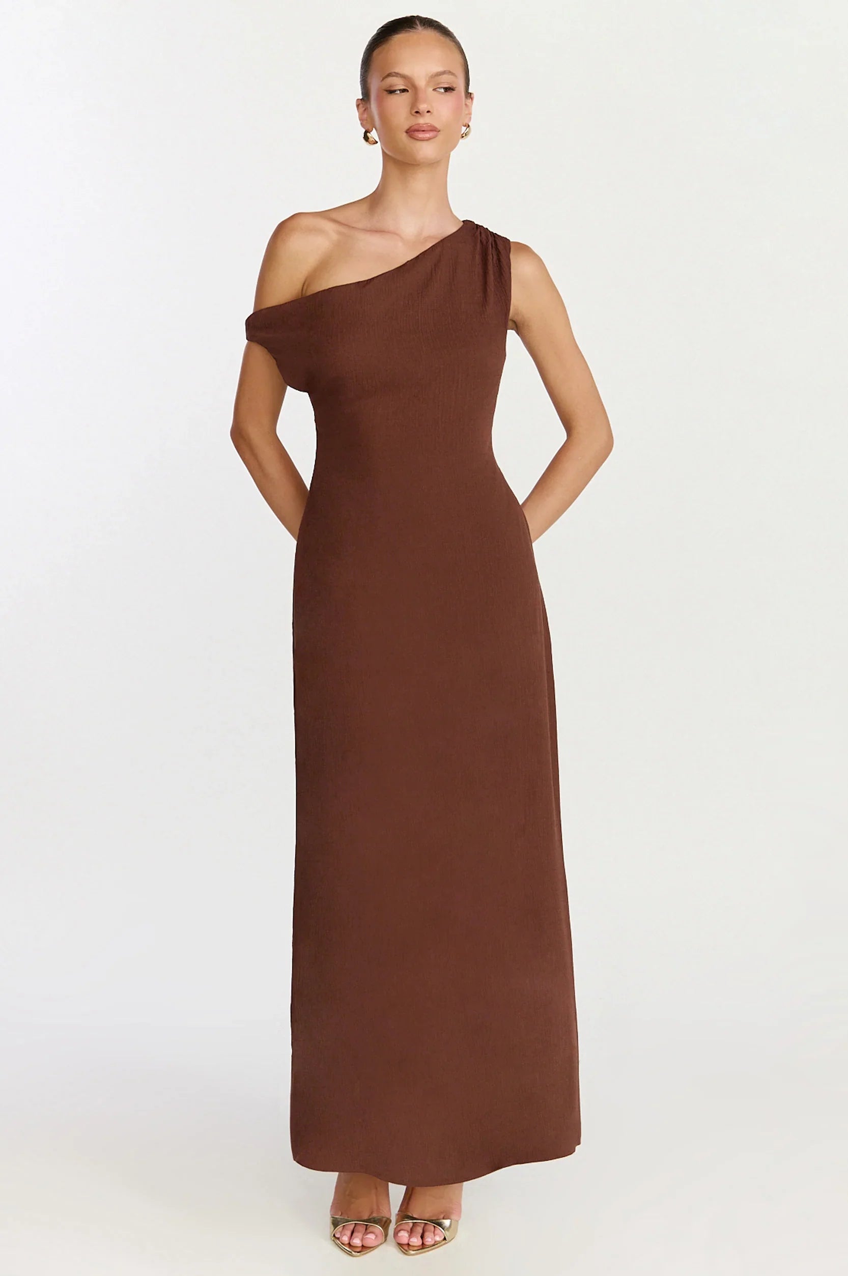 Aurelie Maxi Dress Off Shoulder Column Dress in Chocolate