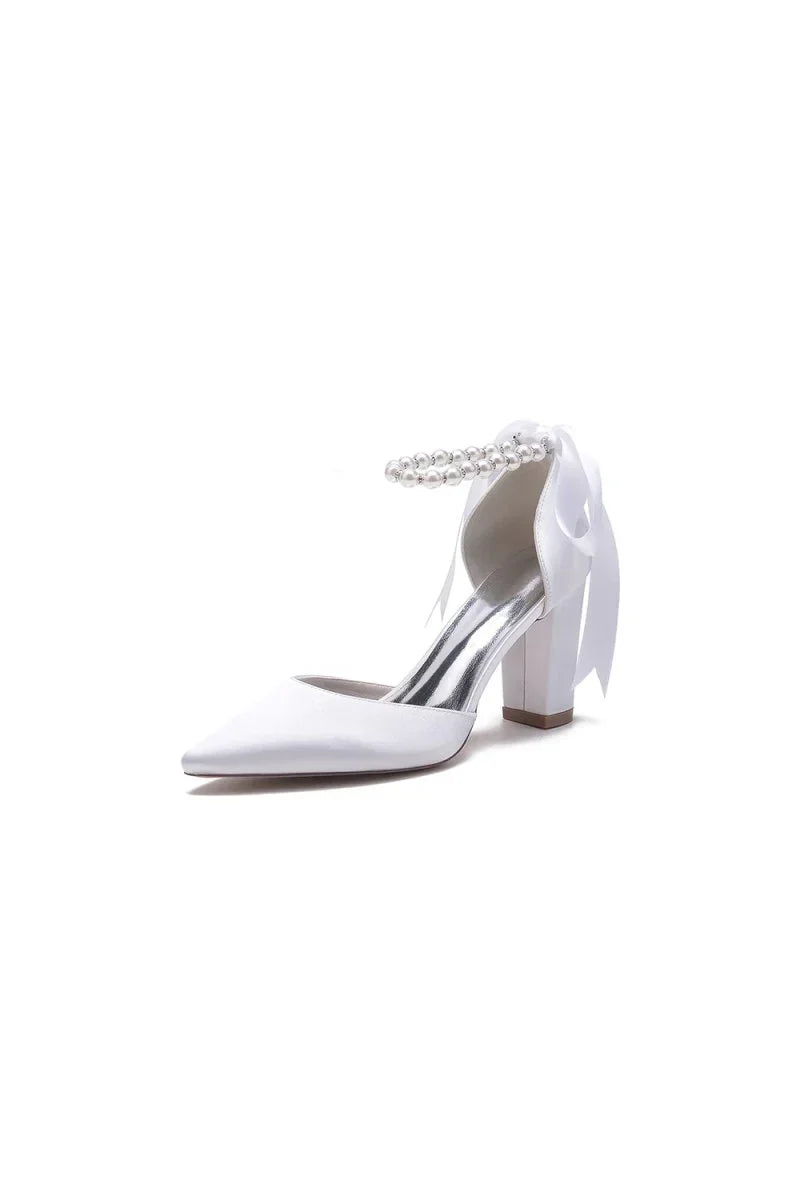 Pearl Ribbon Pointed Toe Ankle Strap Chunky Heel