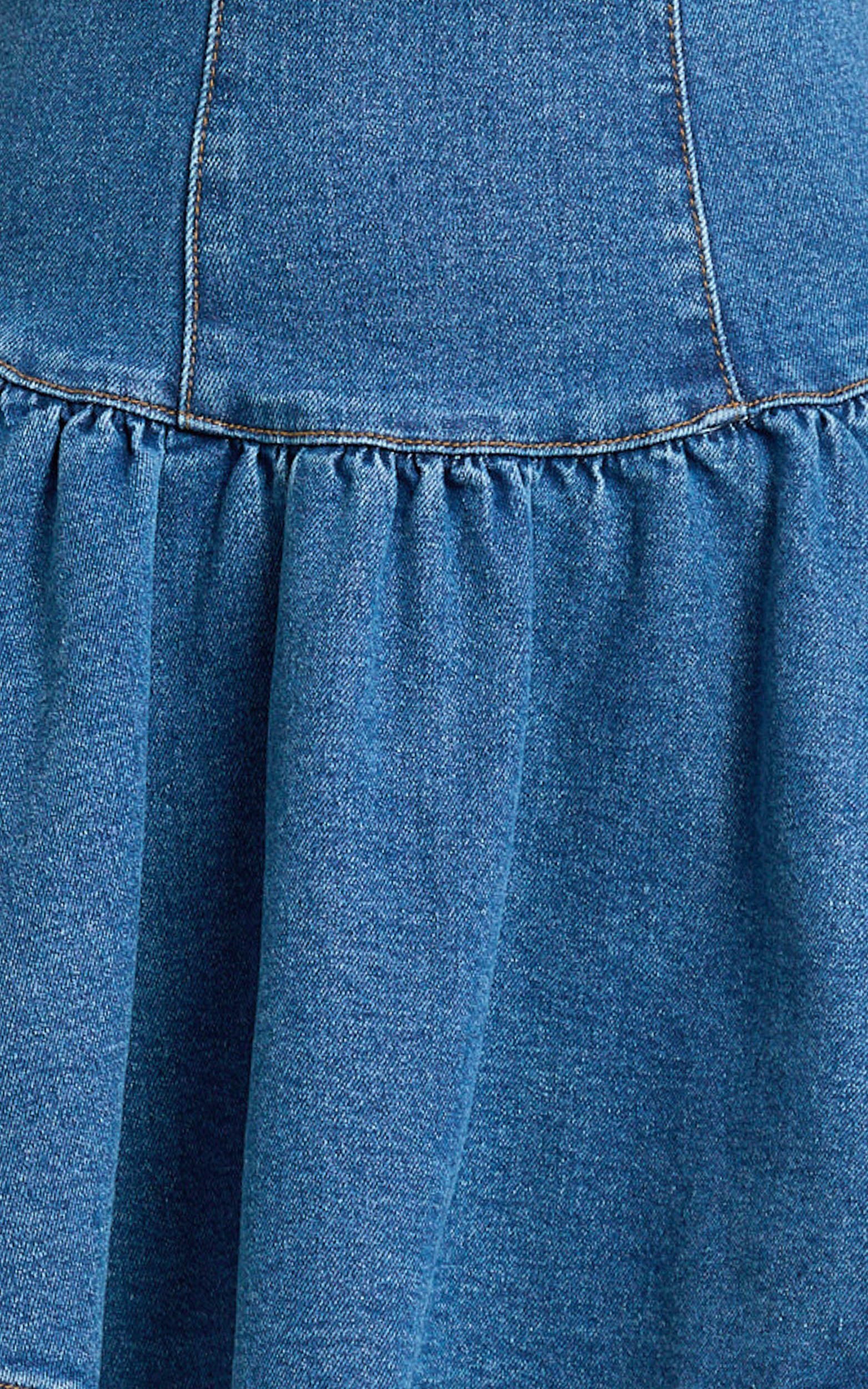 Vera Mini Dress Boat Neck Drop Waist Fit And Flare Denim Dress in Mid Blue Wash