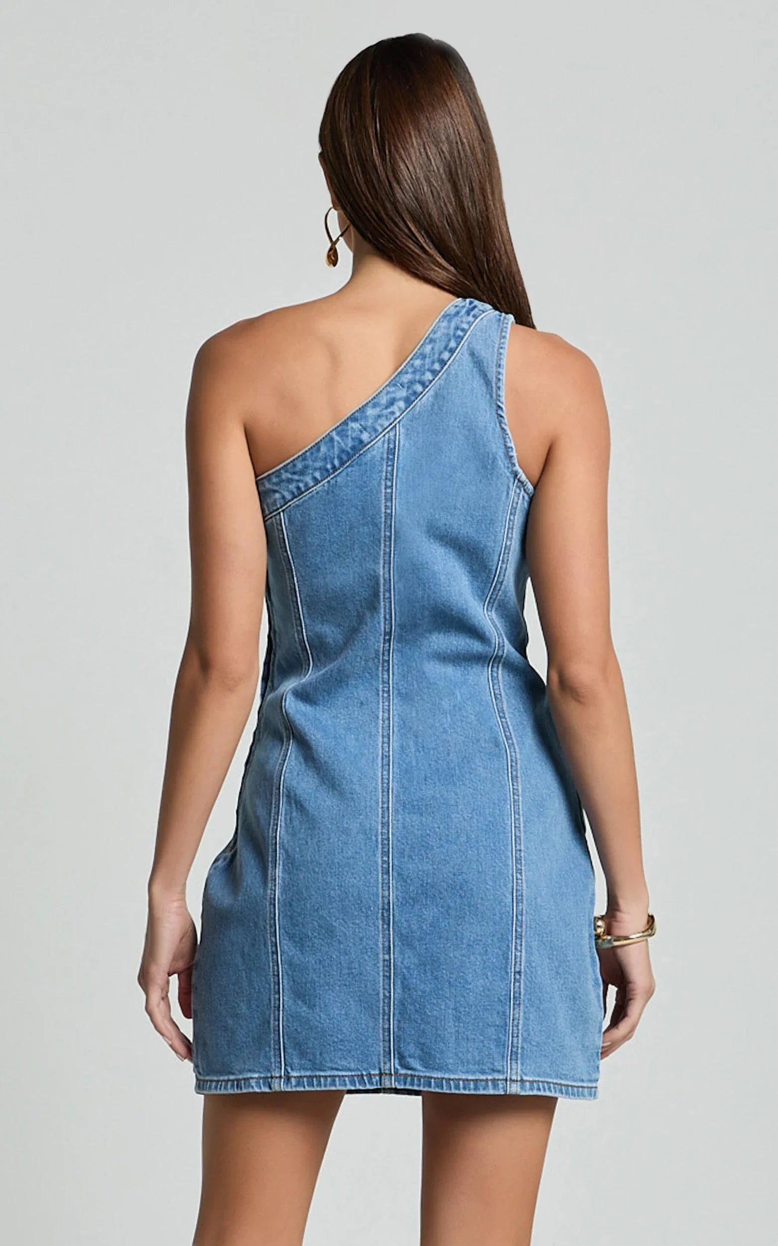 Harmony Mini Dress One Shoulder Bodycon Recycled Denim Dress in Mid Blue Wash