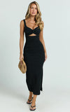 Bianca Midi Dress Twist Front Cut Out Ruched Dress in Black