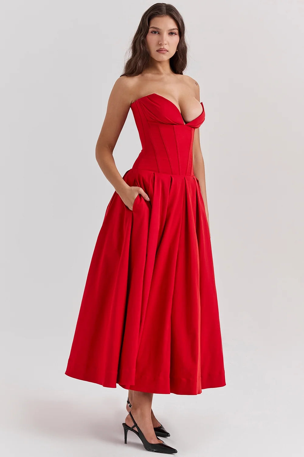 scarlet strapless midi dress
