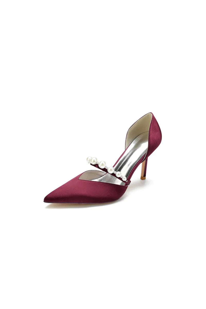 Party Pearl Strap Pointed Toe Satin High Heels