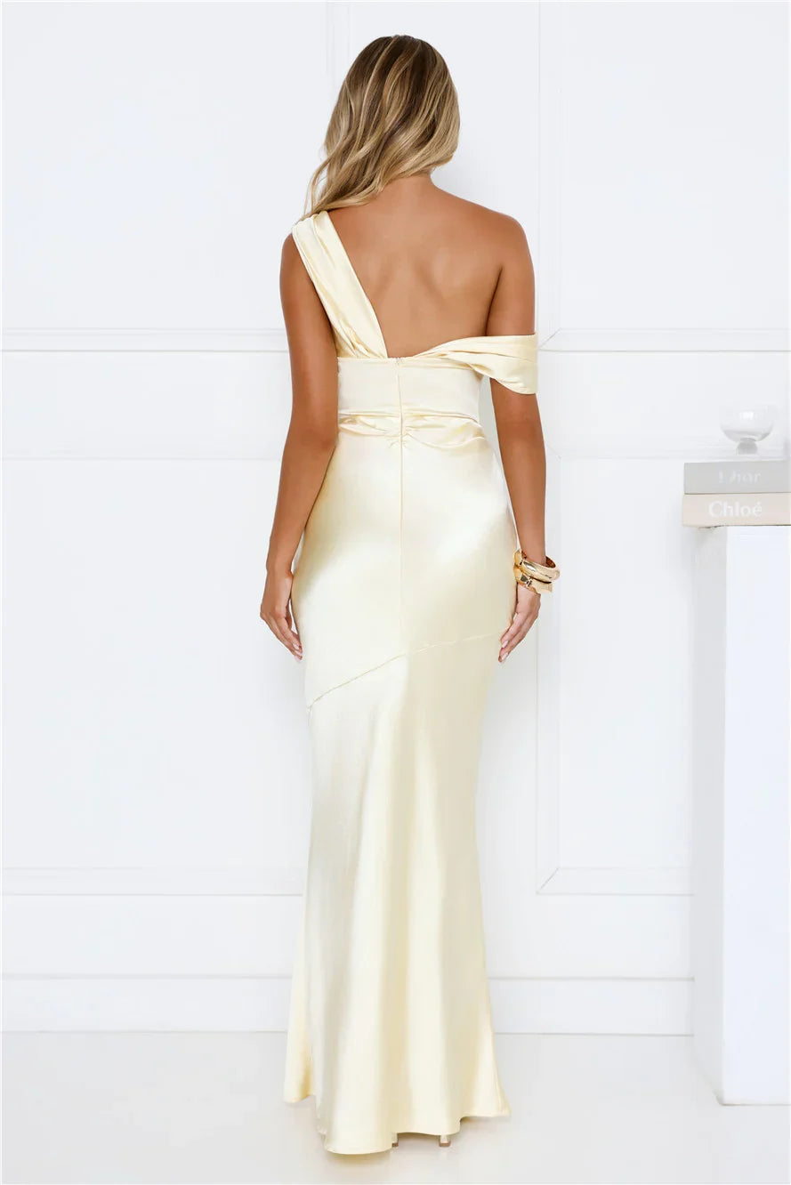 Shes A Dream Satin Off Shoulder Maxi Dress Yellow