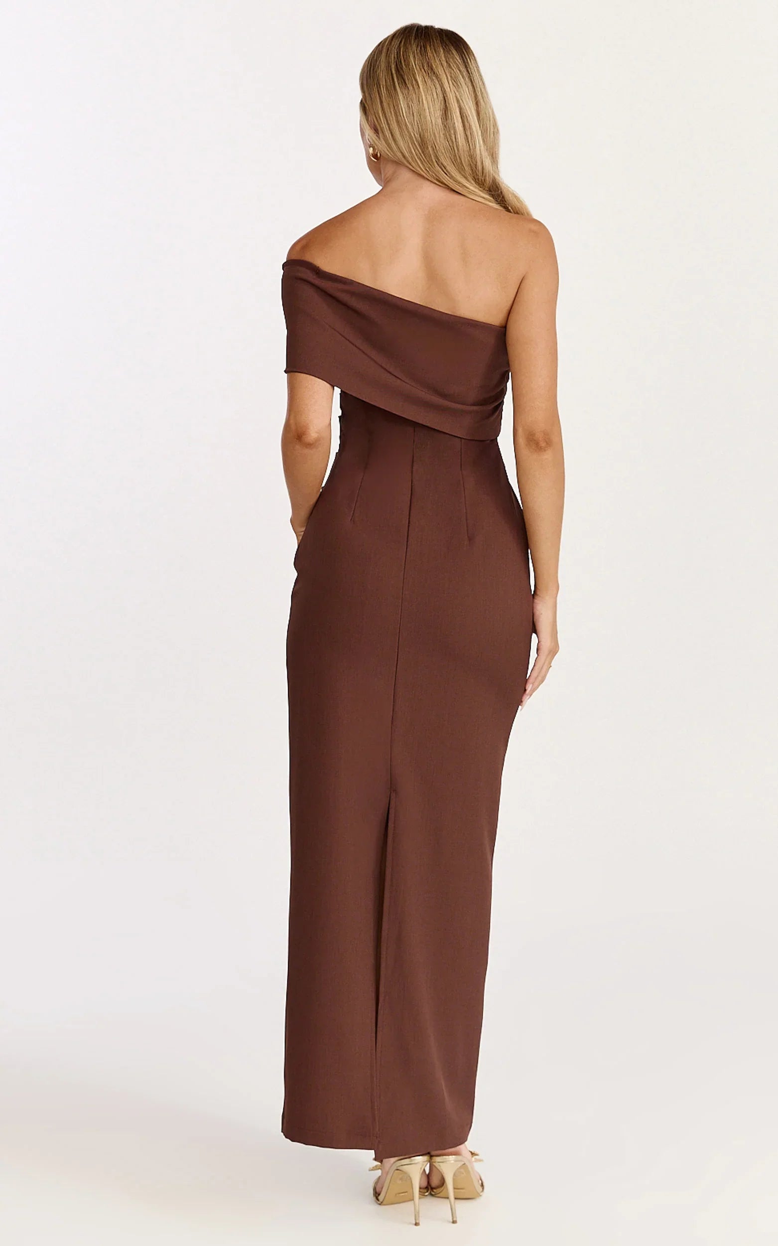 Pearce Maxi Dress Gathered One Sleeve Bodycon Dress in Brown