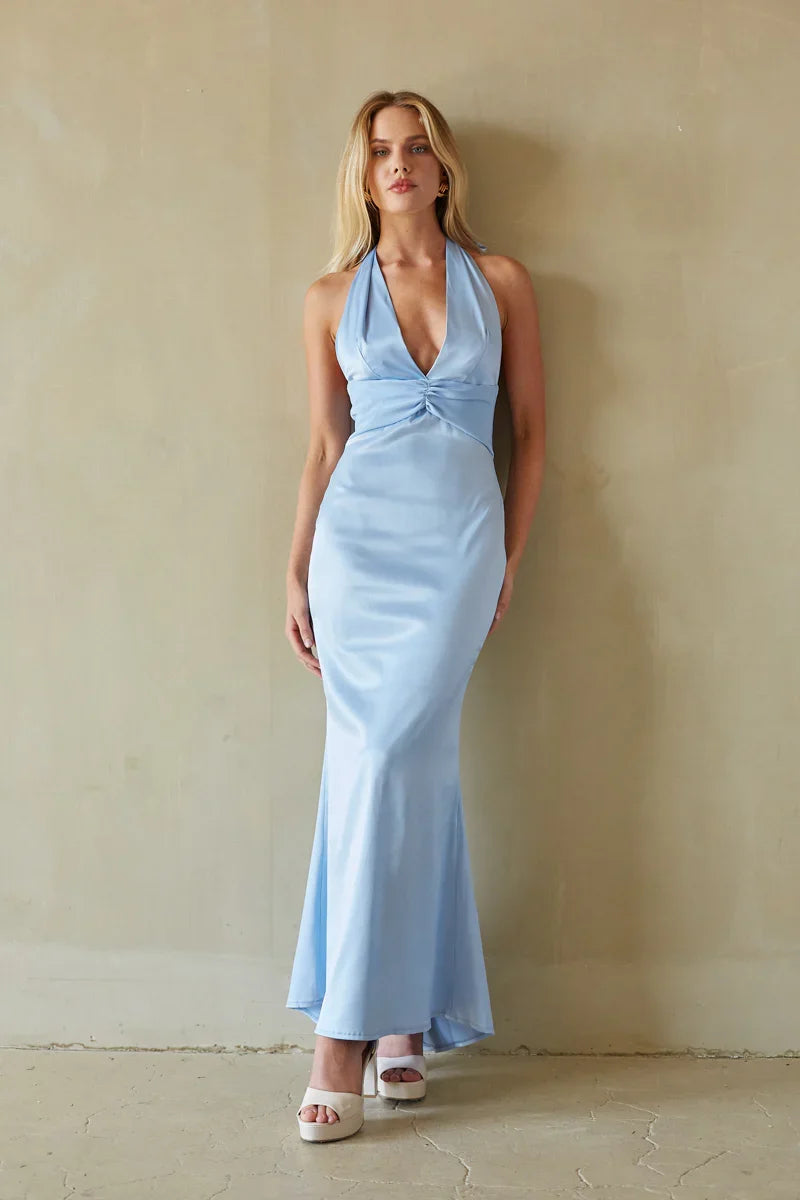 Sage Satin Halter Maxi Dress