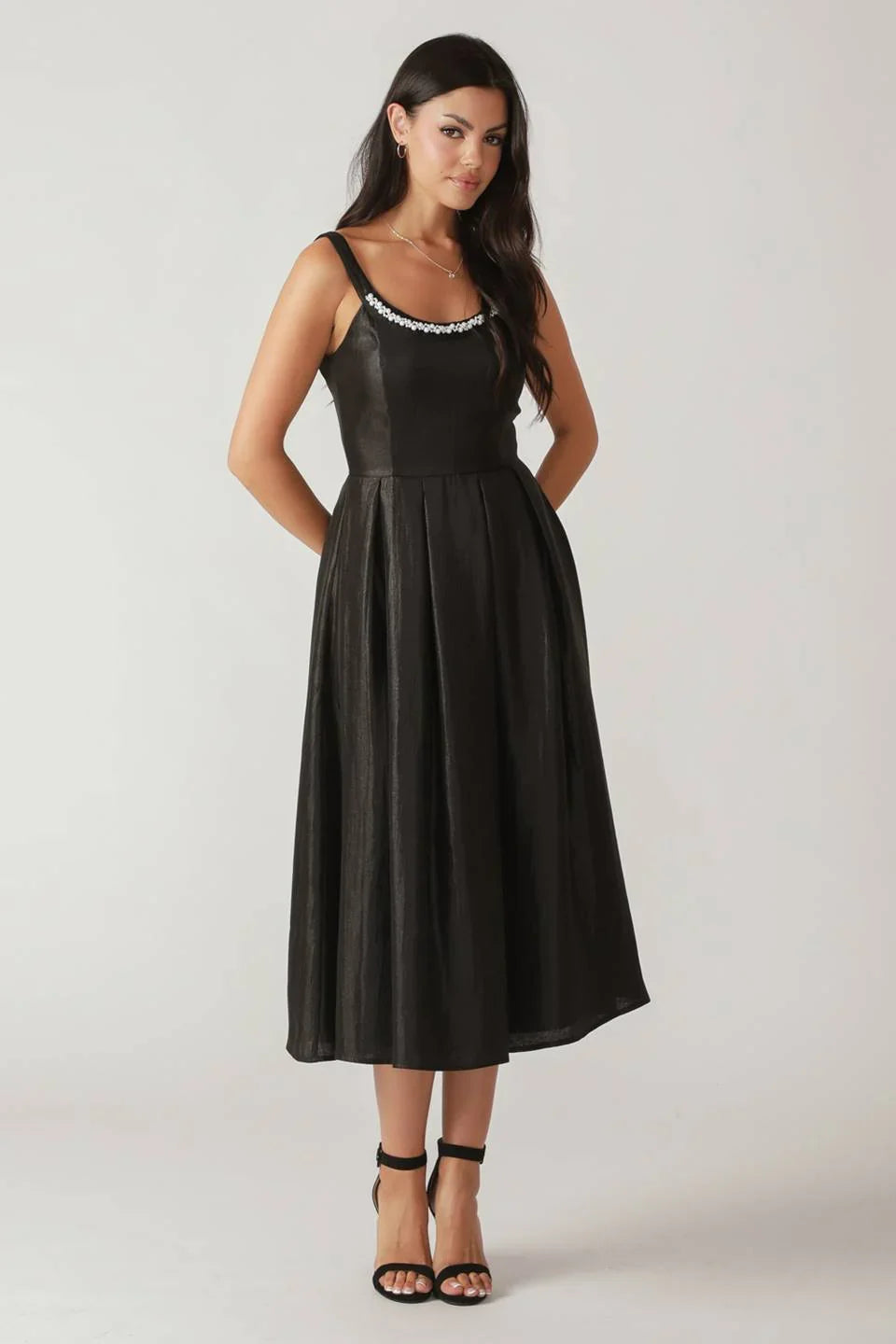 PEARL TRIM BLACK SATIN MIDI DRESS