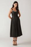 PEARL TRIM BLACK SATIN MIDI DRESS