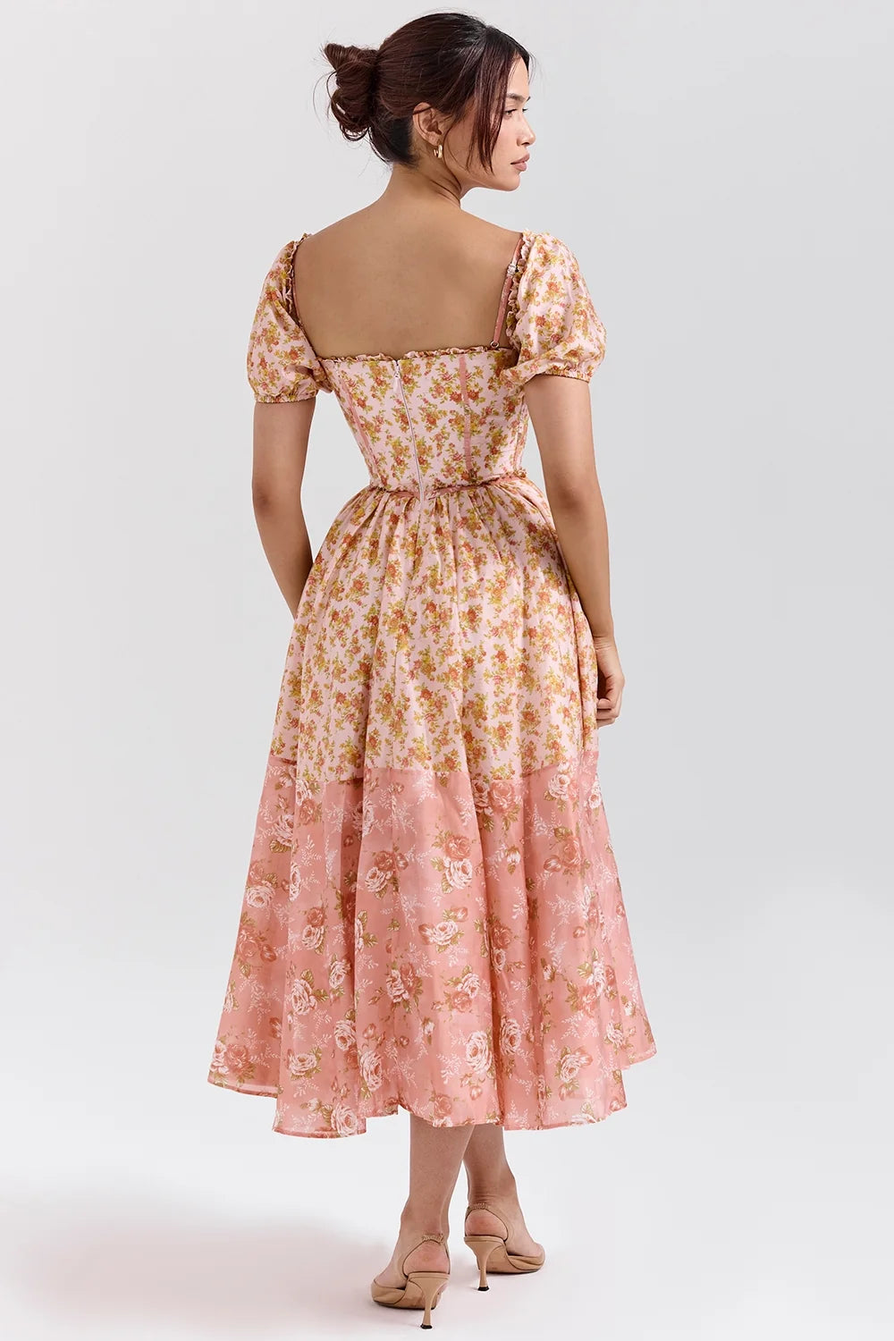peach poppy print puff sleeve midi sundress