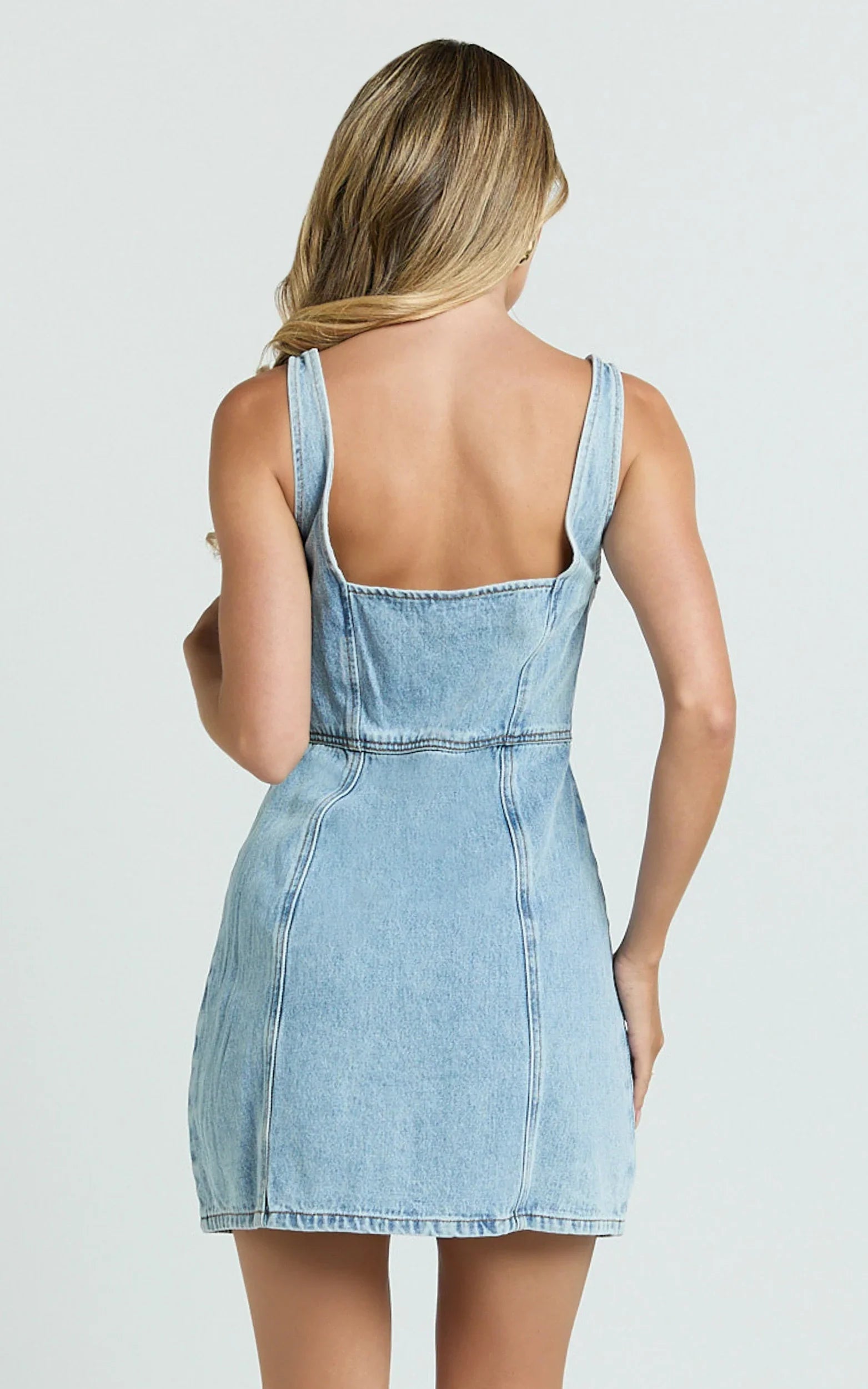 Chrysoula Mini Dress Square Neck Zip Front Sleeveless Bodycon Denim in Light Blue Wash