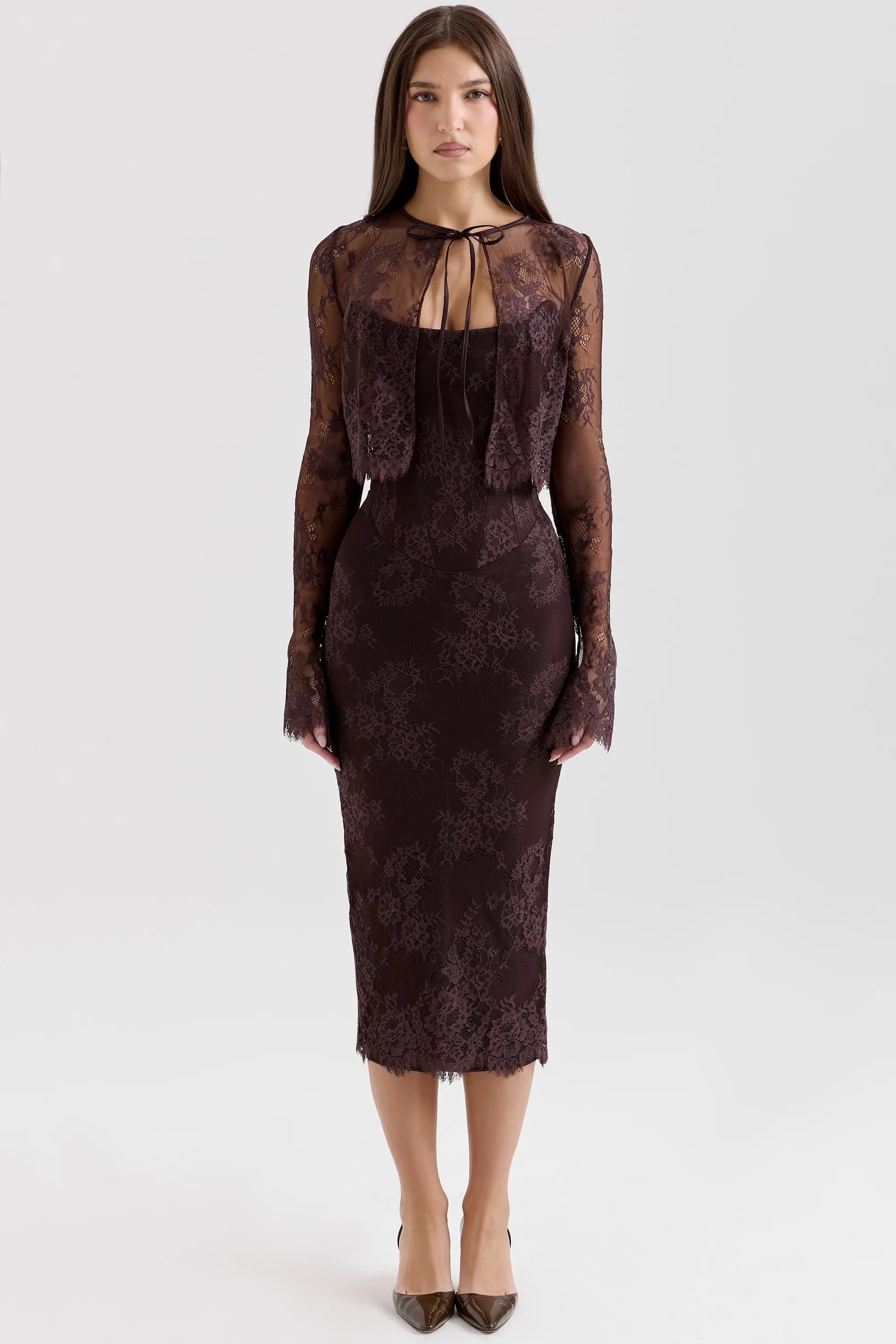 bitter chocolate lace corset midi dress bolero