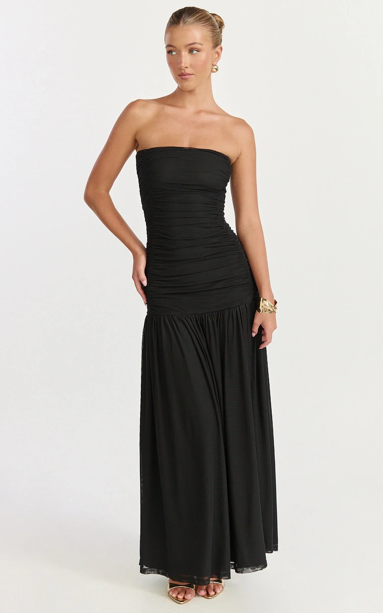 Lara Maxi Dress Strapless Ruched Mesh High Leg Split Dress in Black
