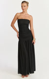 Lara Maxi Dress Strapless Ruched Mesh High Leg Split Dress in Black