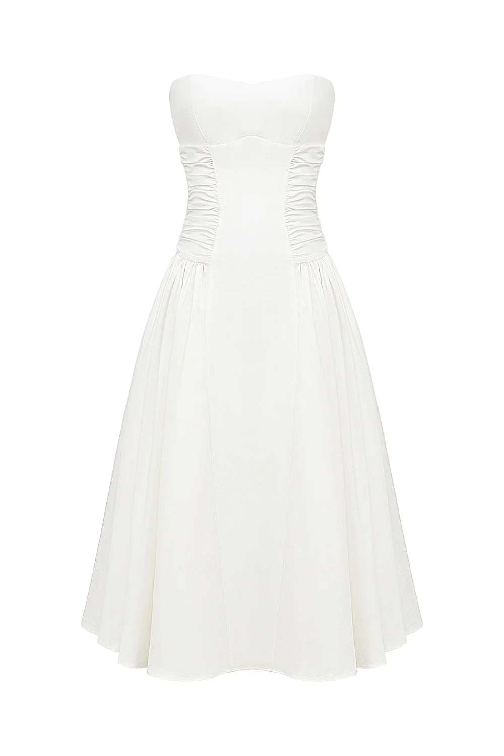 white cotton strapless midi sundress