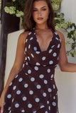 IMALI HALTER COWL MINI DRESS CHOC SKY BLUE POLKA
