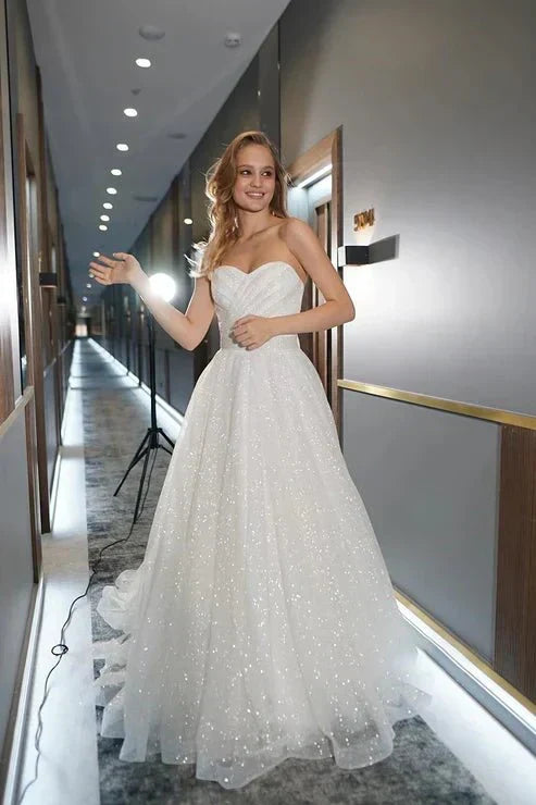 A Line Sweetheart Sparkly Bohemian Wedding Dress Bridal Gown