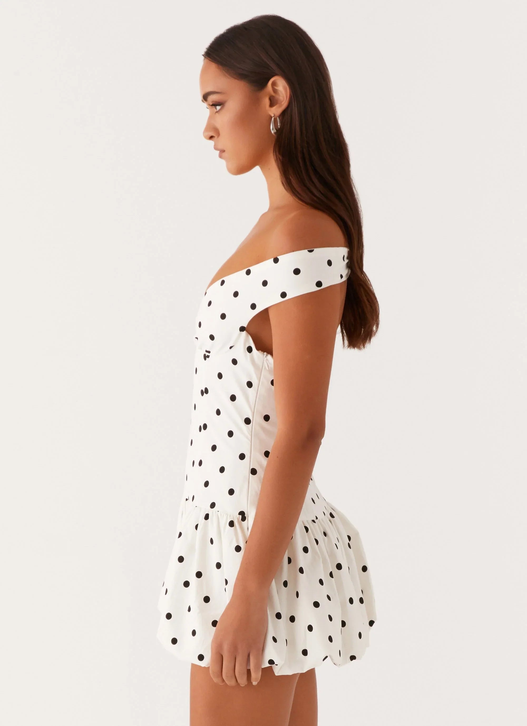 Endless Romance Off Shoulder Mini Dress White Polka Dot
