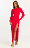 Vivienne Maxi Dress Boat Neck Long Sleeve Rosette Detail Dress in Red