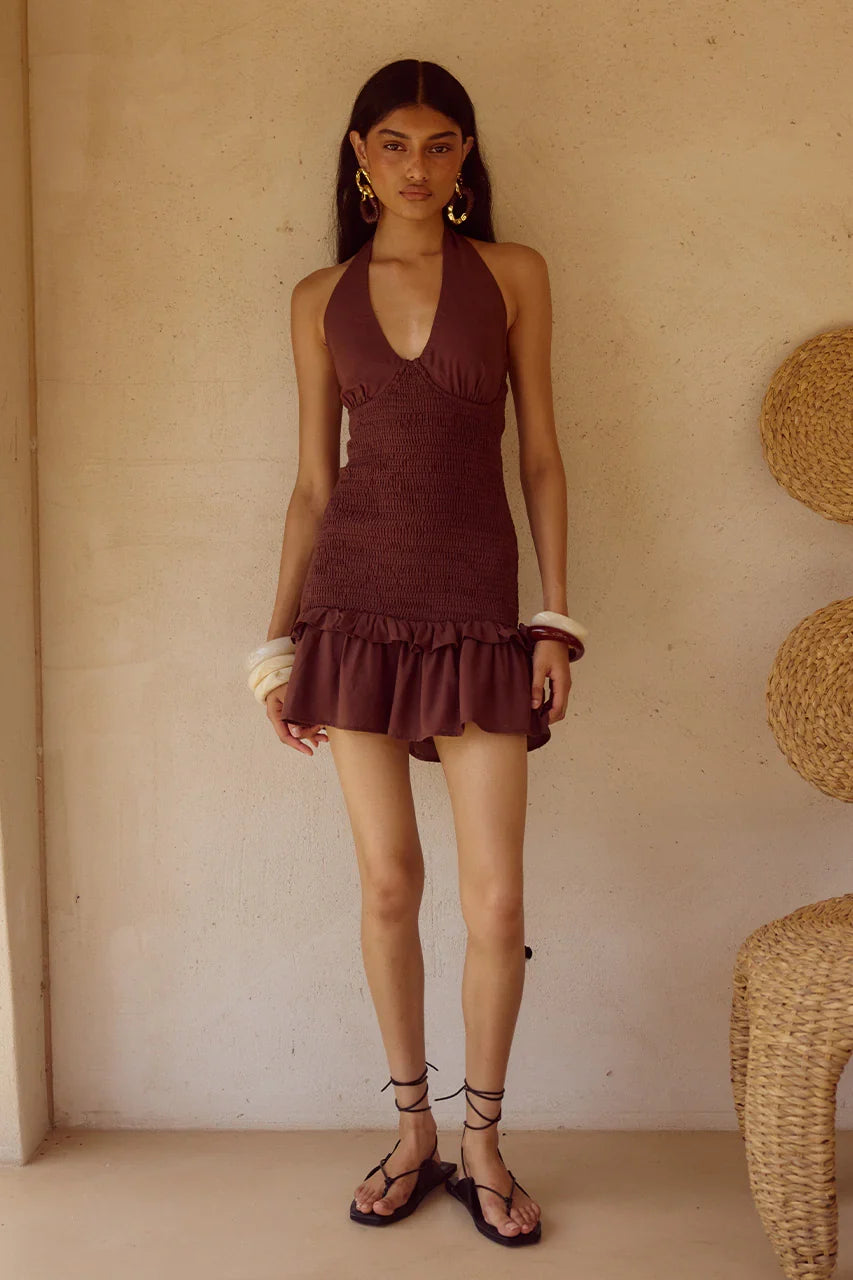 FLEUR SHIRRED HALTER MINI DRESSS CHOCOLATE