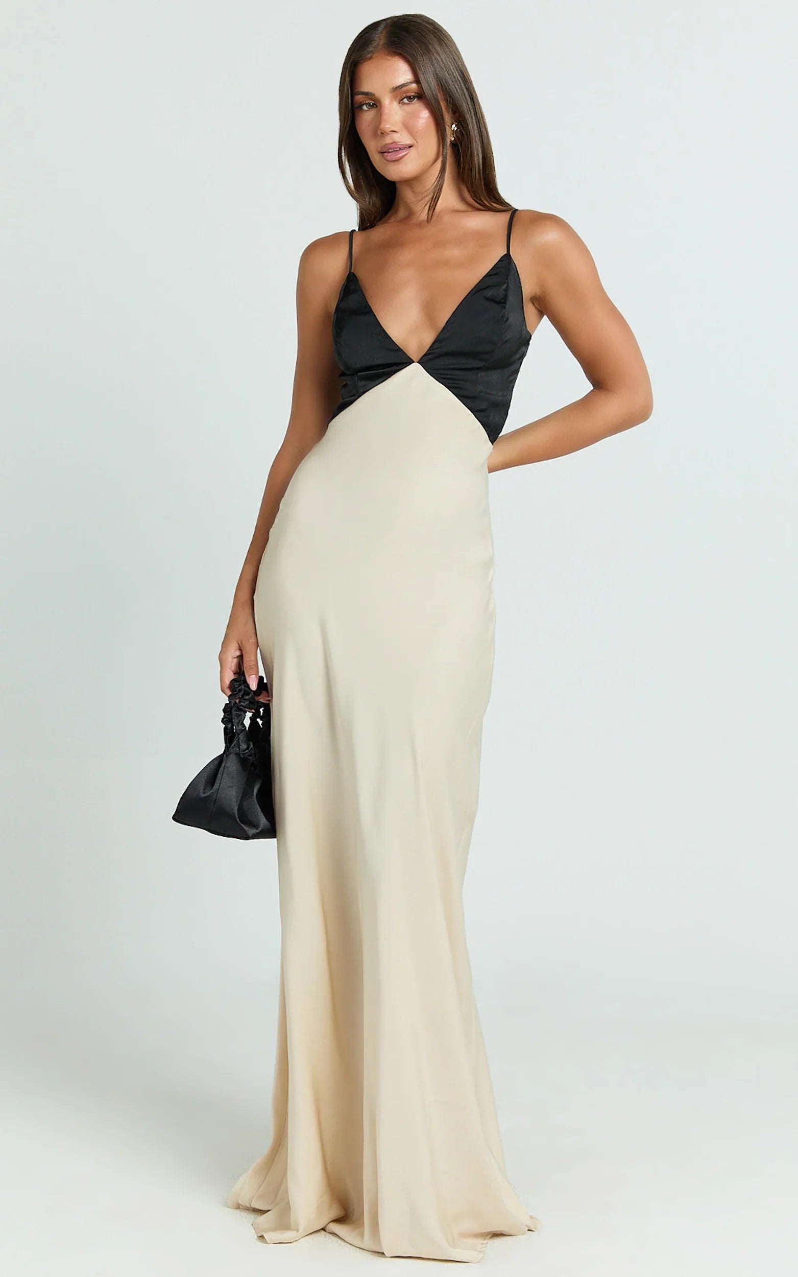 Quincy Maxi Dress Satin Slip Dress in Black Champagne